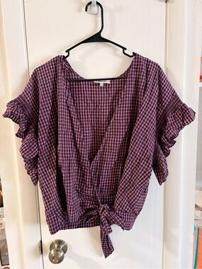 Madewell Women’s Blue and Red Tie-Front Blouse